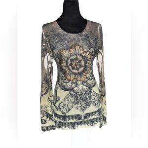 VTG 90s  Cache made in USA Large embellished Green Long Sleeve Tunic